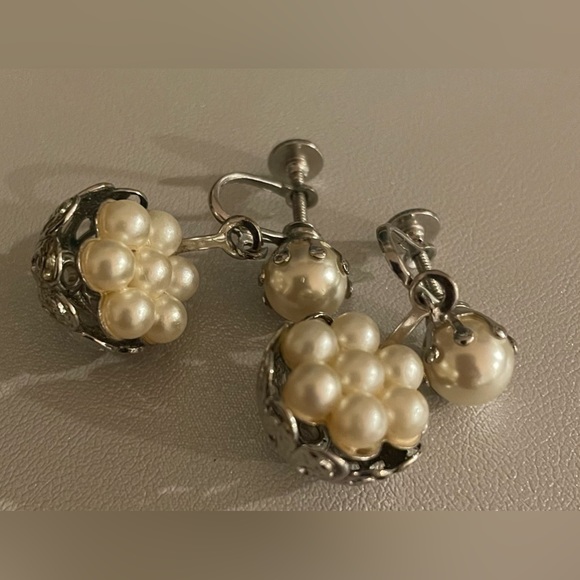 3 for $30 Vintage Silver Tone Filigree Basket Earrings with Faux Pearls - Picture 8 of 9